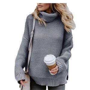 Womens Turtleneck Long Sleeve Chunky Knit Pullover